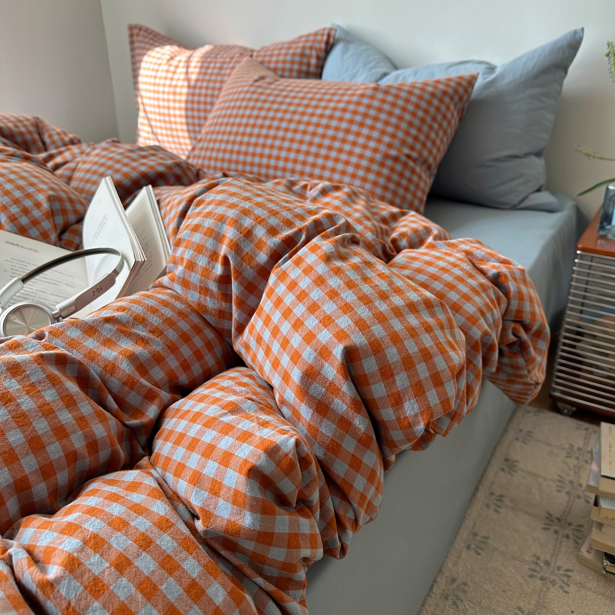 91家纺网 家纺一手货源 找家纺 例外 2026新款全棉纯棉色织水洗棉布拉格ins风四件套-影棚图 布拉格-橘兰