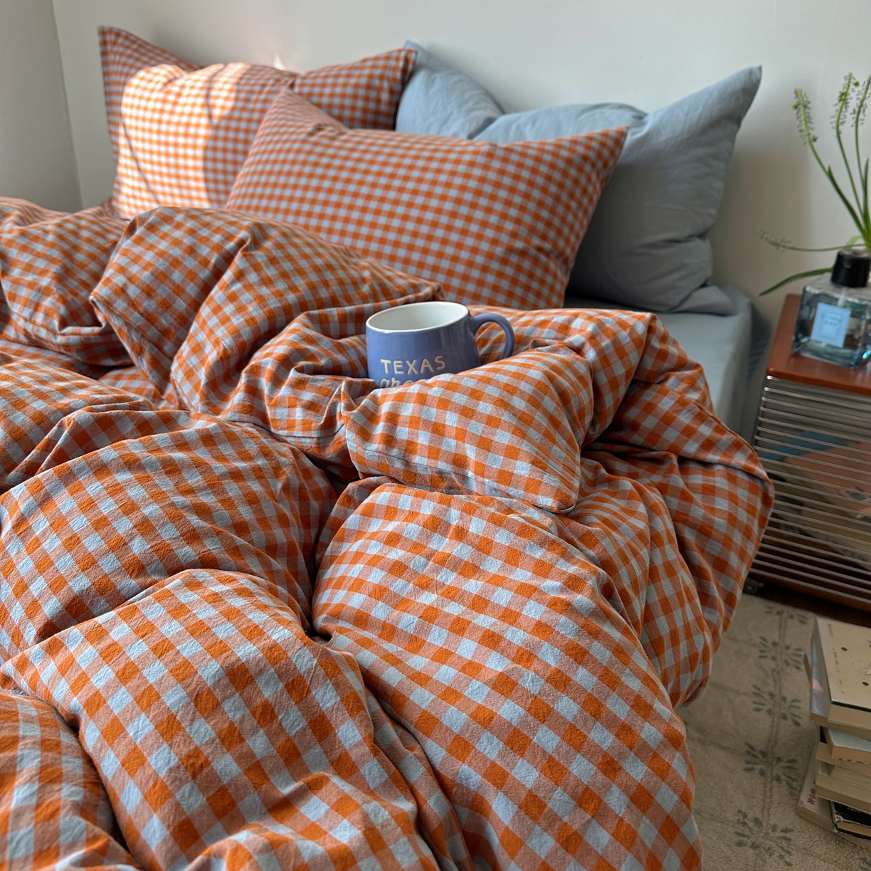 91家纺网 家纺一手货源 找家纺 例外 2026新款全棉纯棉色织水洗棉布拉格ins风四件套-影棚图 布拉格-橘兰