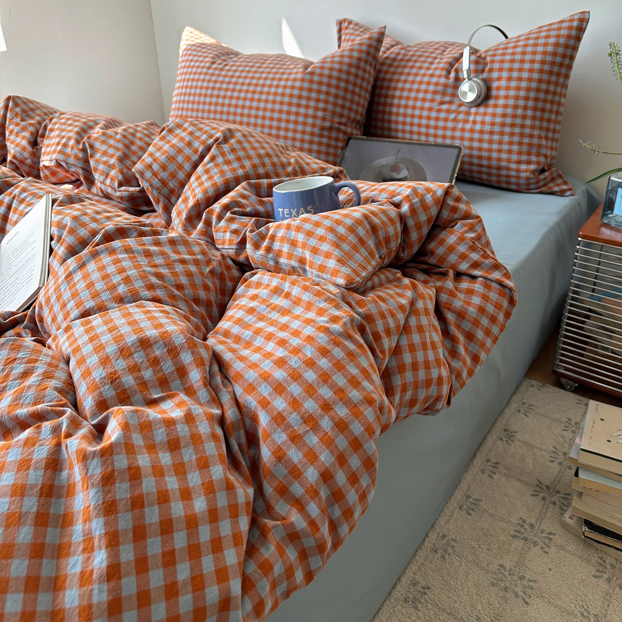 91家纺网 家纺一手货源 找家纺 例外 2026新款全棉纯棉色织水洗棉布拉格ins风四件套-影棚图 布拉格-橘兰