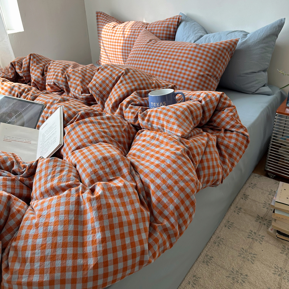 91家纺网 家纺一手货源 找家纺 例外 2026新款全棉纯棉色织水洗棉布拉格ins风四件套-影棚图 布拉格-橘兰