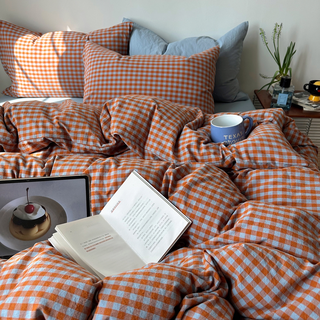 91家纺网 家纺一手货源 找家纺 例外 2026新款全棉纯棉色织水洗棉布拉格ins风四件套-影棚图 布拉格-橘兰