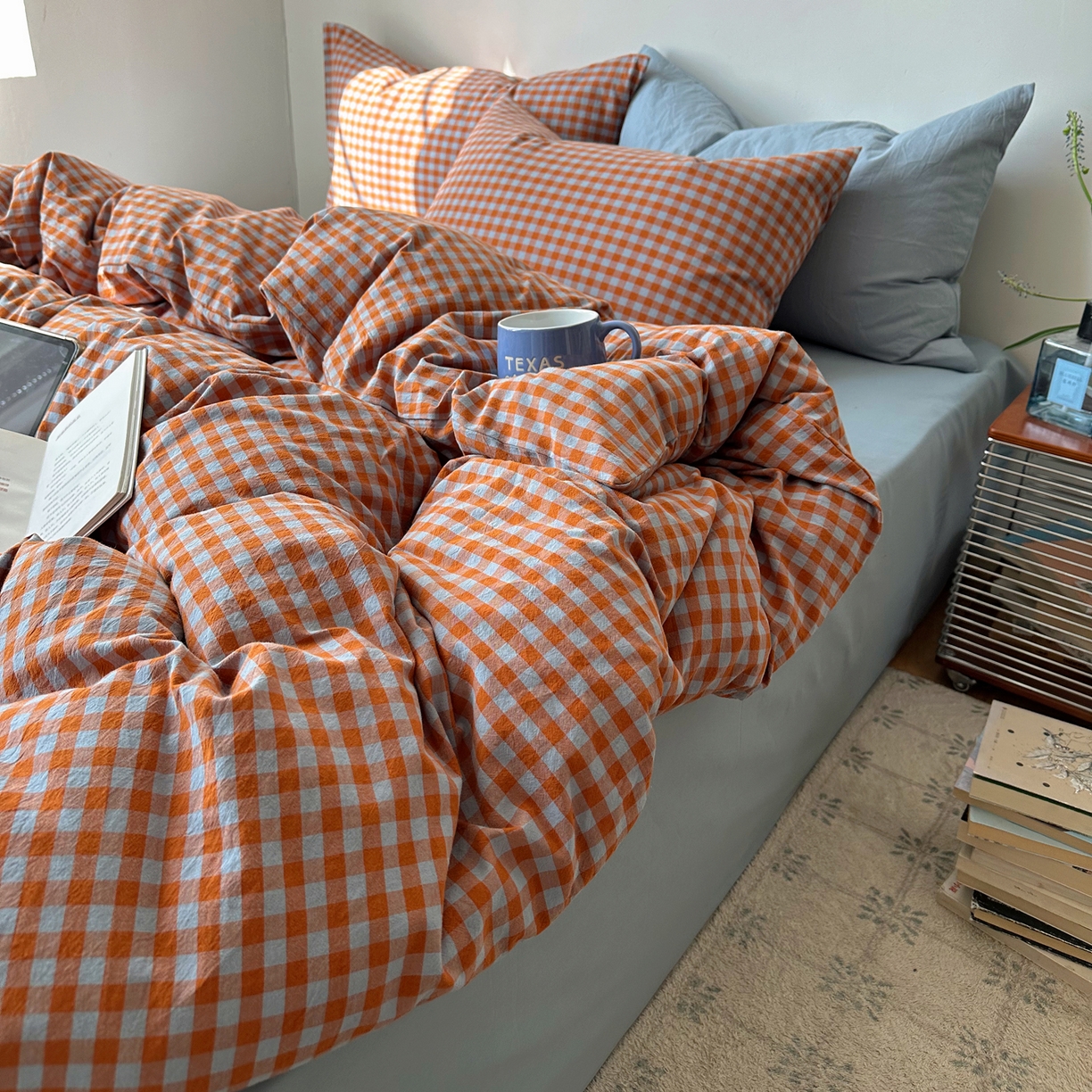 91家纺网 家纺一手货源 找家纺 例外 2026新款全棉纯棉色织水洗棉布拉格ins风四件套-影棚图 布拉格-橘兰