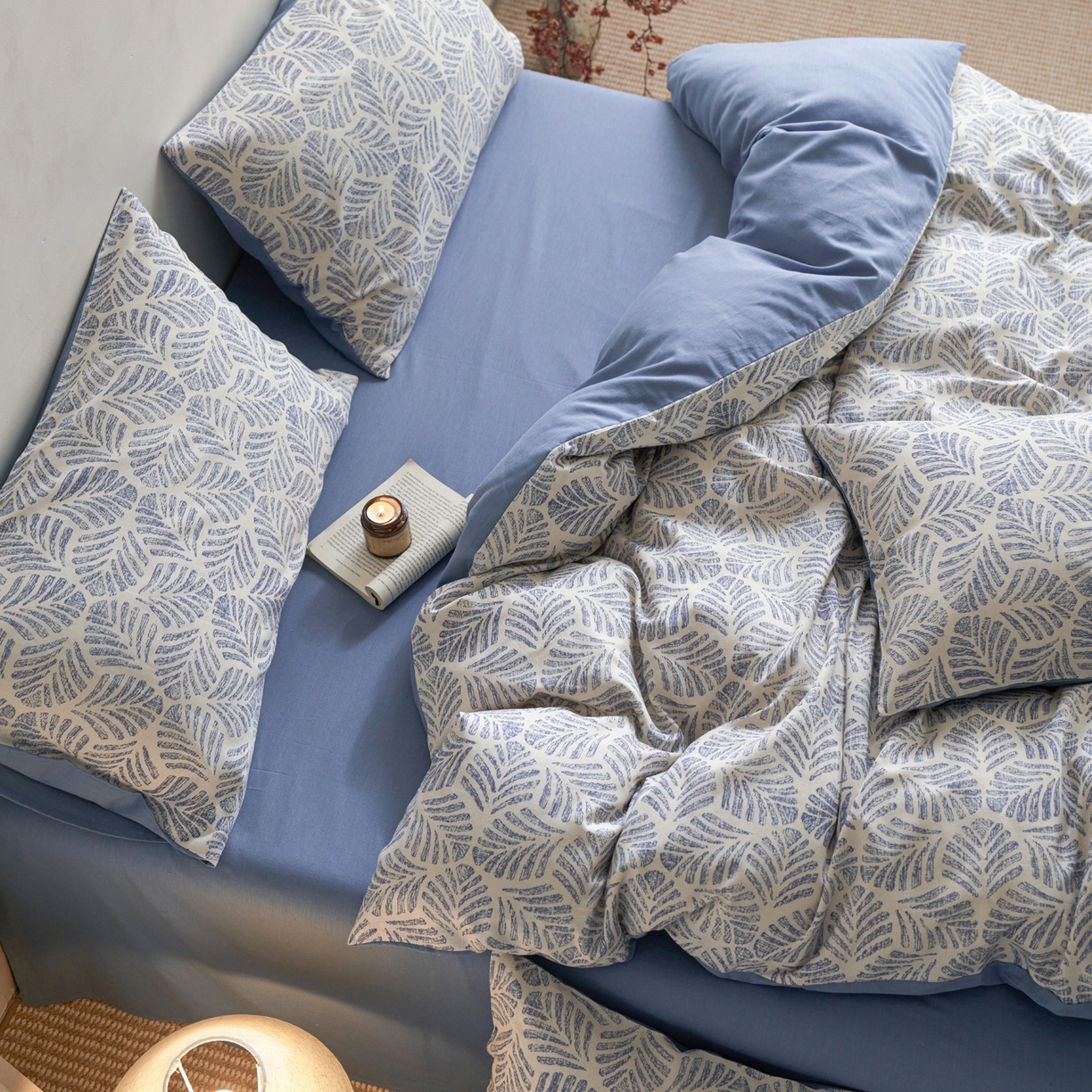 91家纺网 家纺一手货源 找家纺 如一 2026新款A类复古全棉棉麻印花四件套 叶蓝