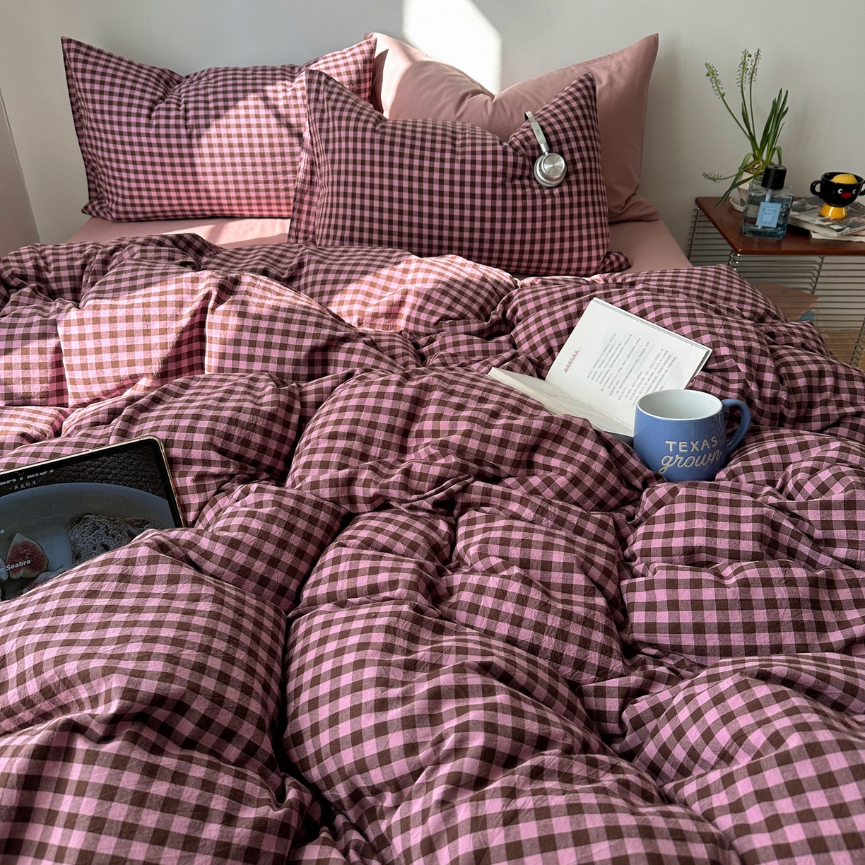 91家纺网 家纺一手货源 找家纺 例外 2026新款全棉纯棉色织水洗棉布拉格ins风四件套-影棚图 布拉格-树莓