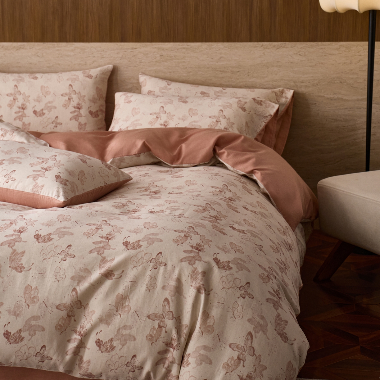 91家纺网 家纺一手货源 找家纺 如一 2026新款A类复古全棉棉麻印花四件套 蝶影