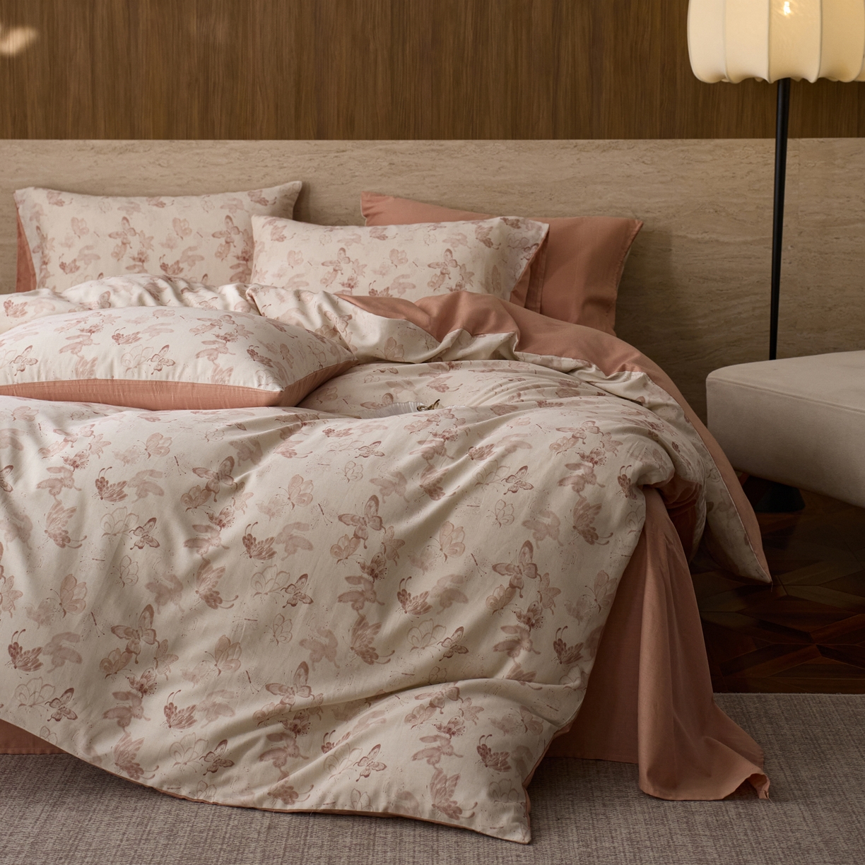 91家纺网 家纺一手货源 找家纺 如一 2026新款A类复古全棉棉麻印花四件套 蝶影