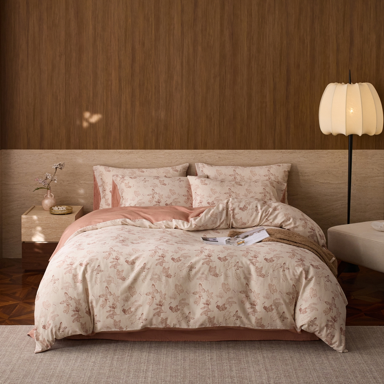 91家纺网 家纺一手货源 找家纺 如一 2026新款A类复古全棉棉麻印花四件套 蝶影