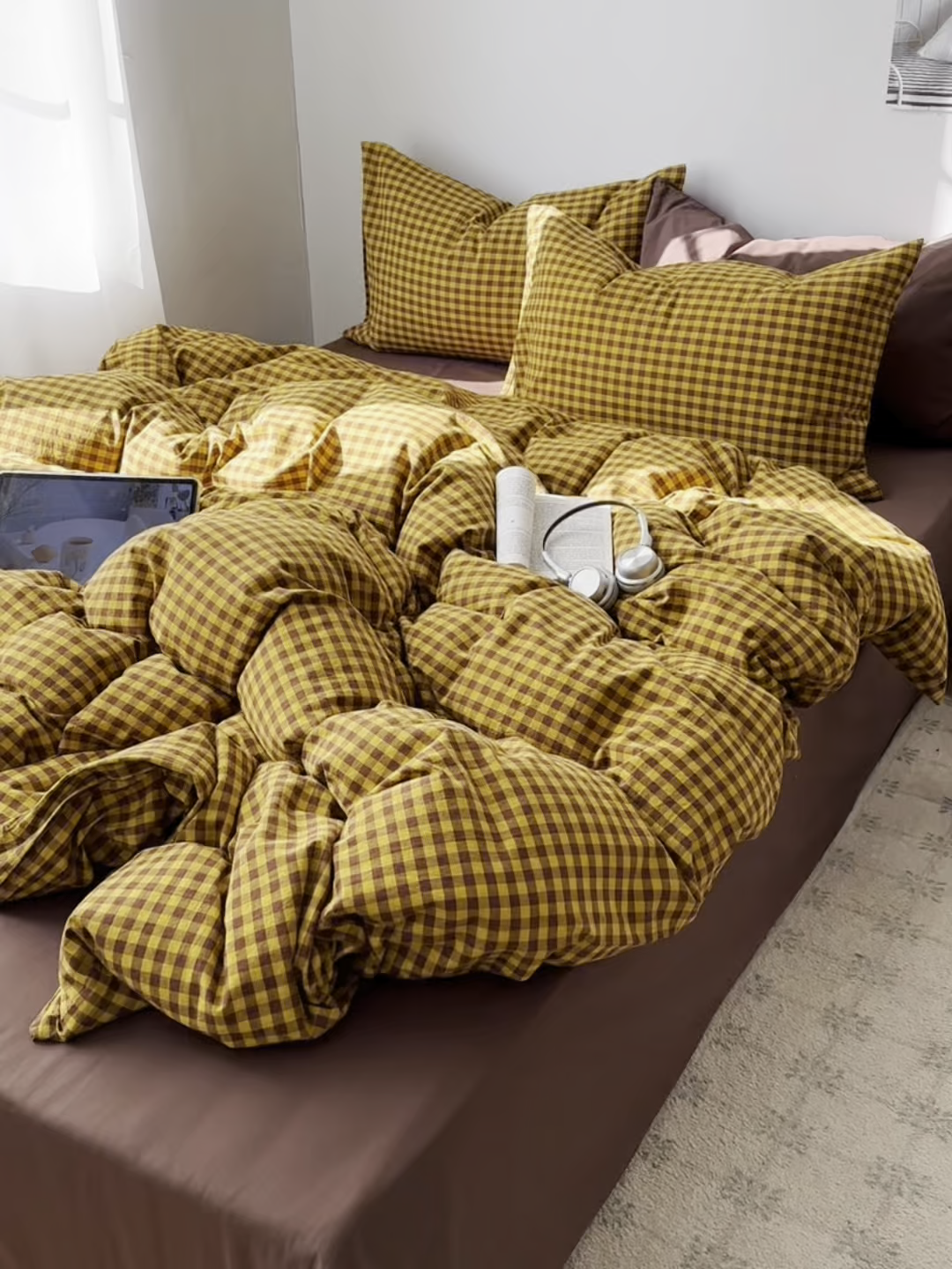 91家纺网 家纺一手货源 找家纺 例外 2026新款全棉纯棉色织水洗棉布拉格ins风四件套-影棚图 布拉格-黄棕