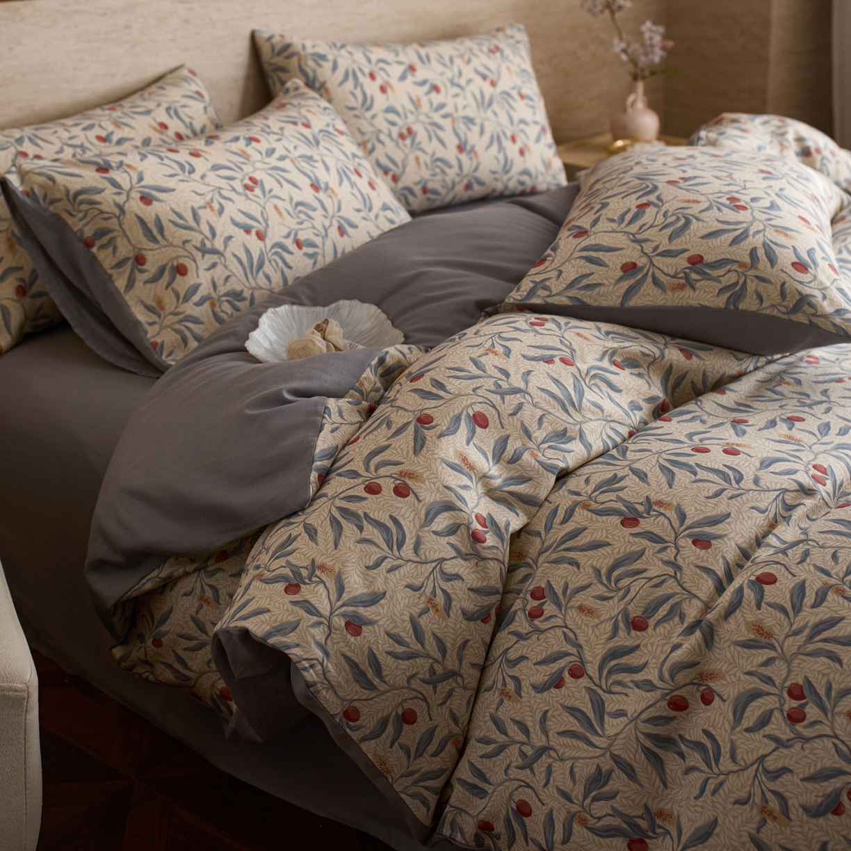 91家纺网 家纺一手货源 找家纺 如一 2026新款A类复古全棉棉麻印花四件套 硕果