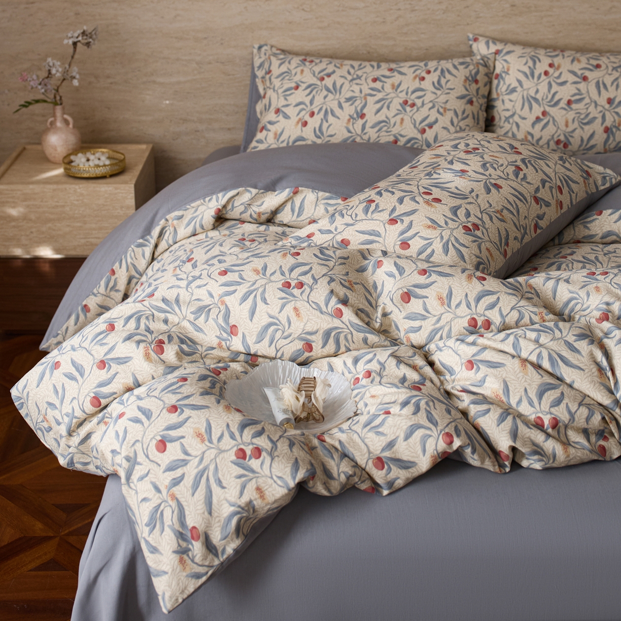 91家纺网 家纺一手货源 找家纺 如一 2026新款A类复古全棉棉麻印花四件套 硕果