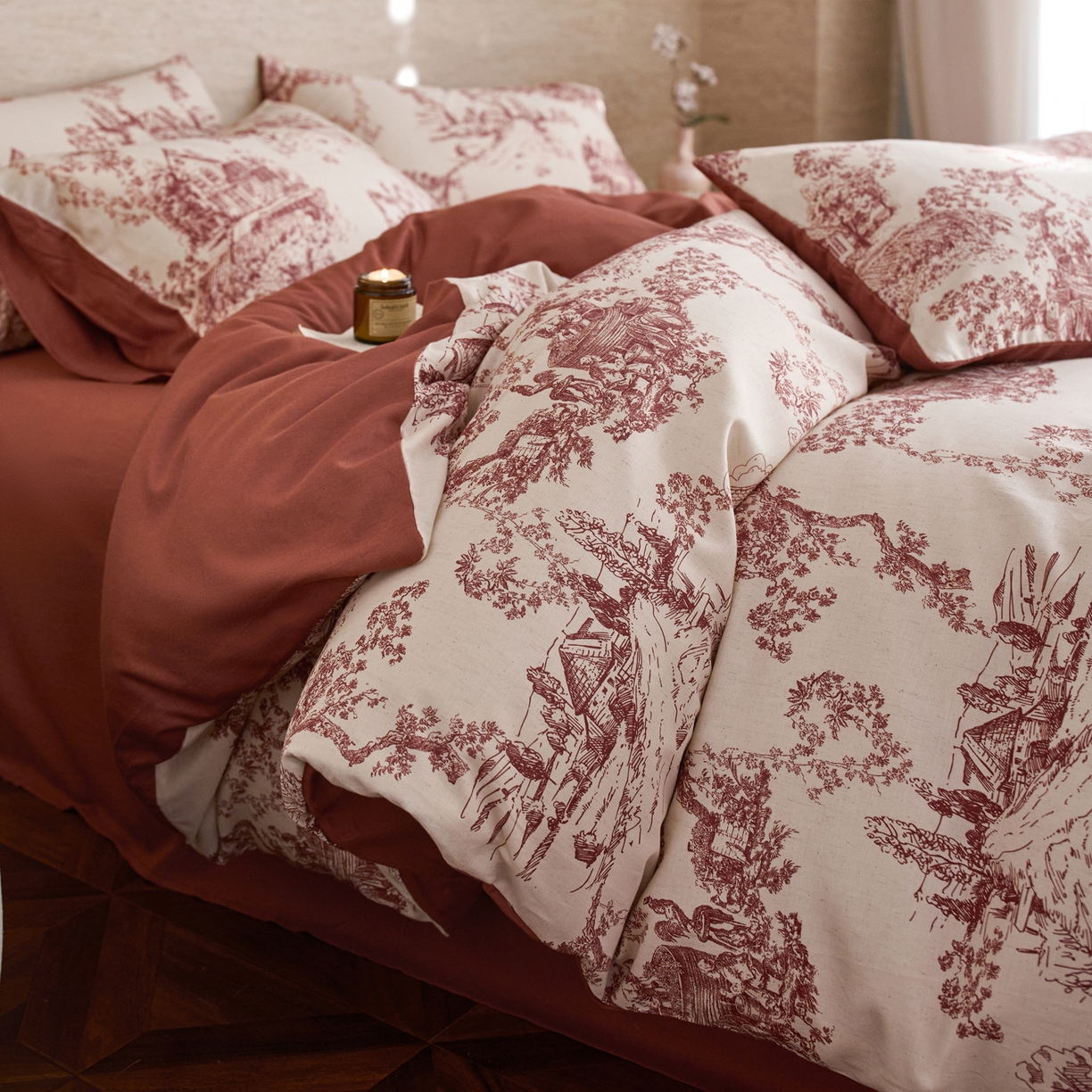 91家纺网 家纺一手货源 找家纺 如一 2026新款A类复古全棉棉麻印花四件套 庄园