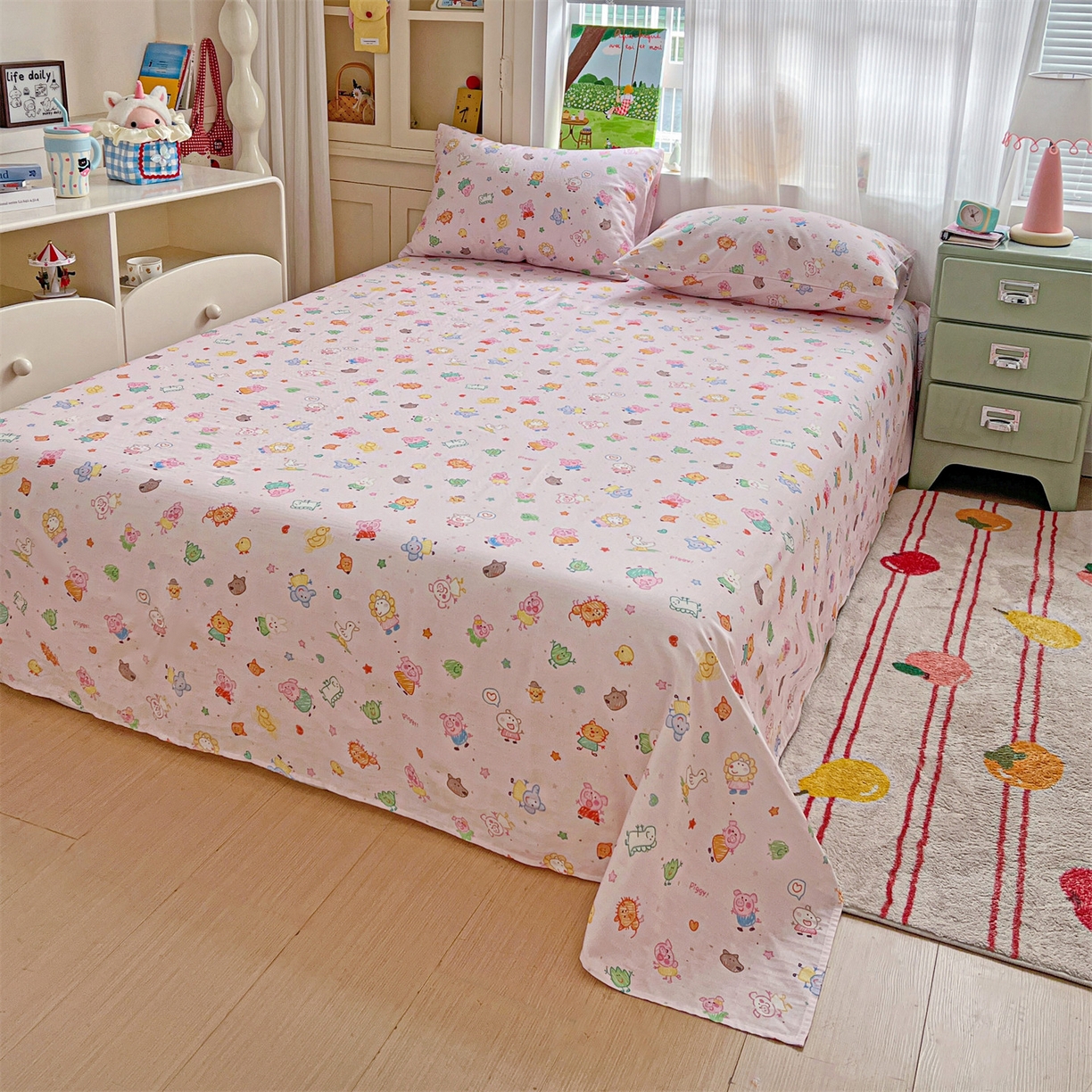 91家纺网 家纺一手货源 找家纺 名兮家居 2026新款全棉纯棉A类双层纱单床单 床单单件 双层纱-猪猪乐园