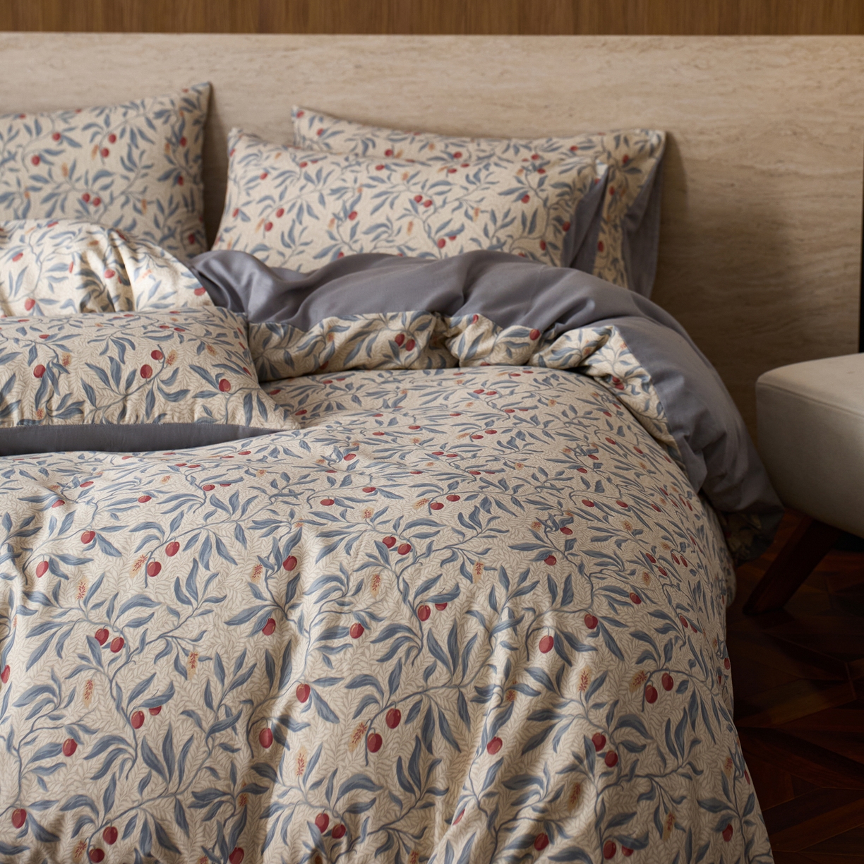 91家纺网 家纺一手货源 找家纺 如一 2026新款A类复古全棉棉麻印花四件套 硕果