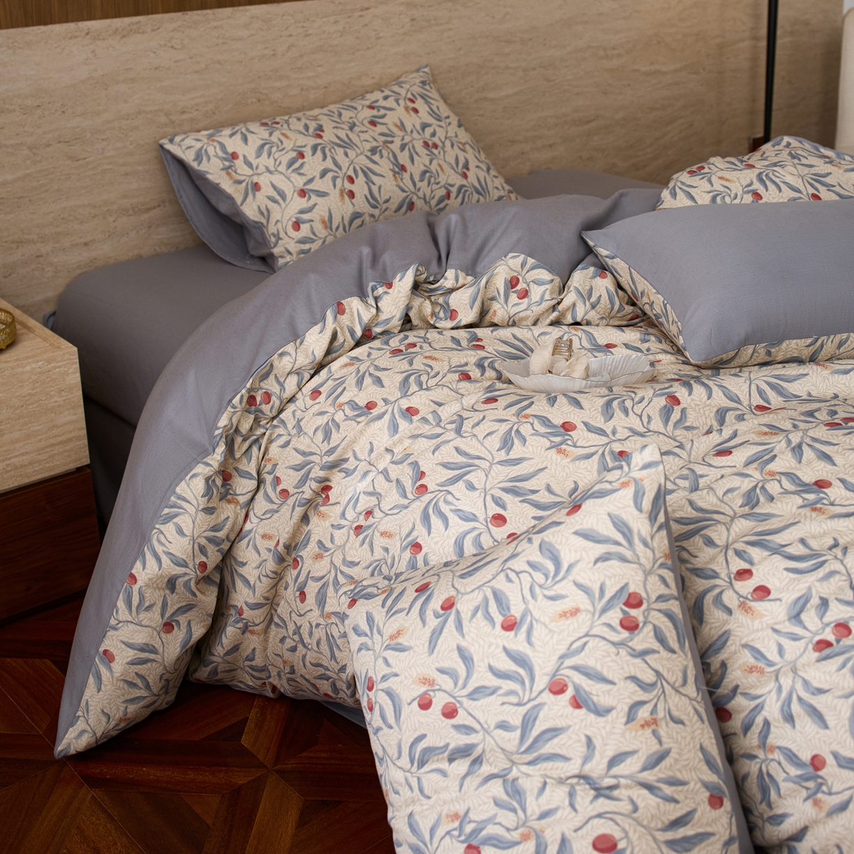 91家纺网 家纺一手货源 找家纺 如一 2026新款A类复古全棉棉麻印花四件套 硕果