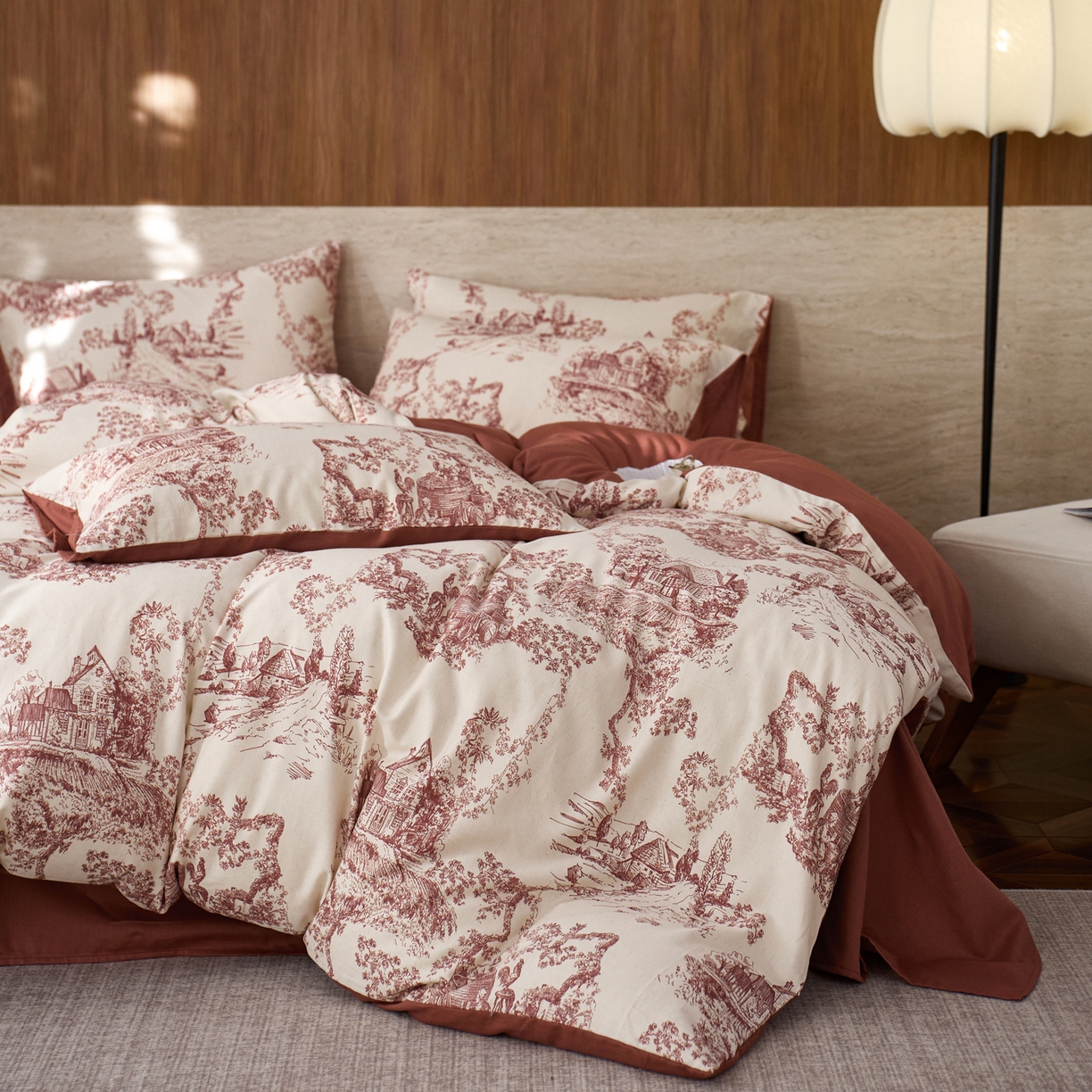 91家纺网 家纺一手货源 找家纺 如一 2026新款A类复古全棉棉麻印花四件套 庄园