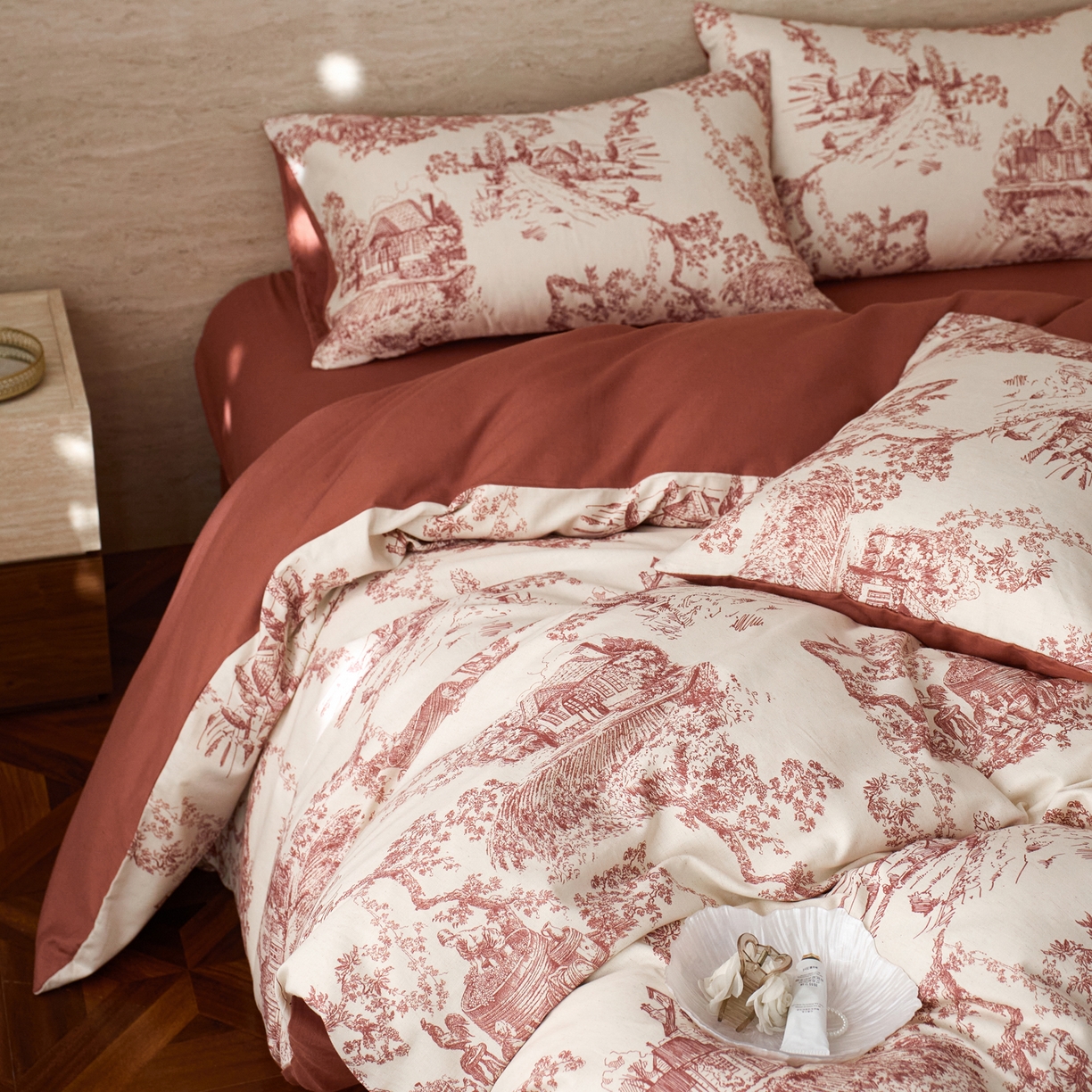 91家纺网 家纺一手货源 找家纺 如一 2026新款A类复古全棉棉麻印花四件套 庄园