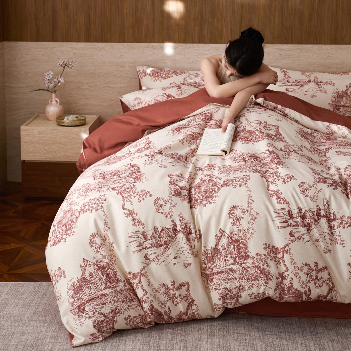 91家纺网 家纺一手货源 找家纺 如一 2026新款A类复古全棉棉麻印花四件套 庄园