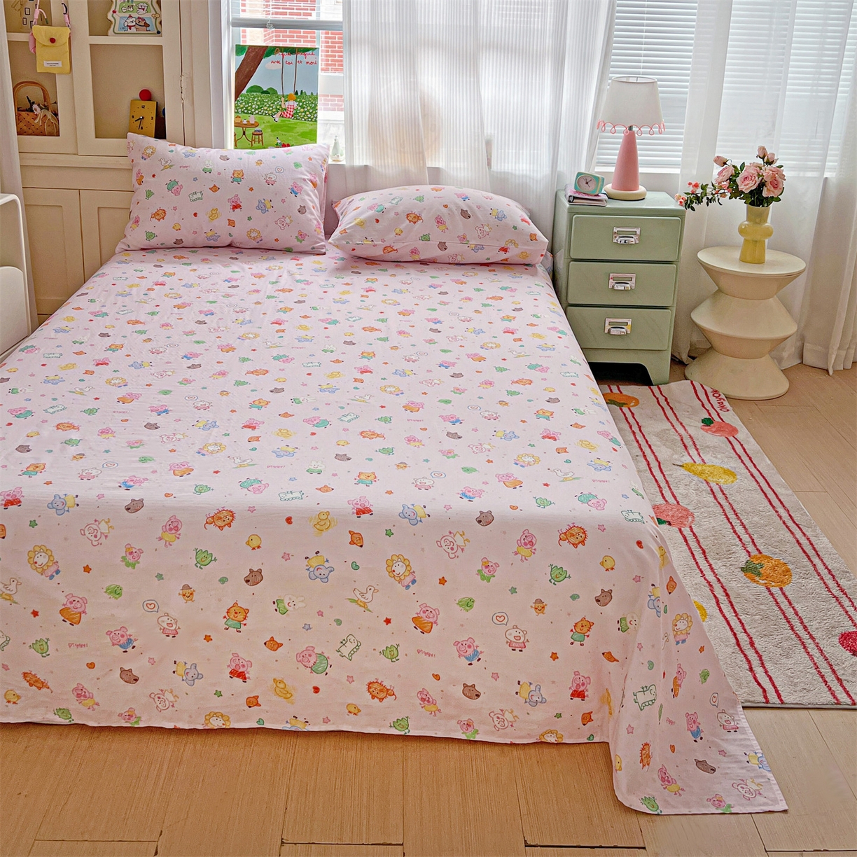 91家纺网 家纺一手货源 找家纺 名兮家居 2026新款全棉纯棉A类双层纱单床单 床单单件 双层纱-猪猪乐园