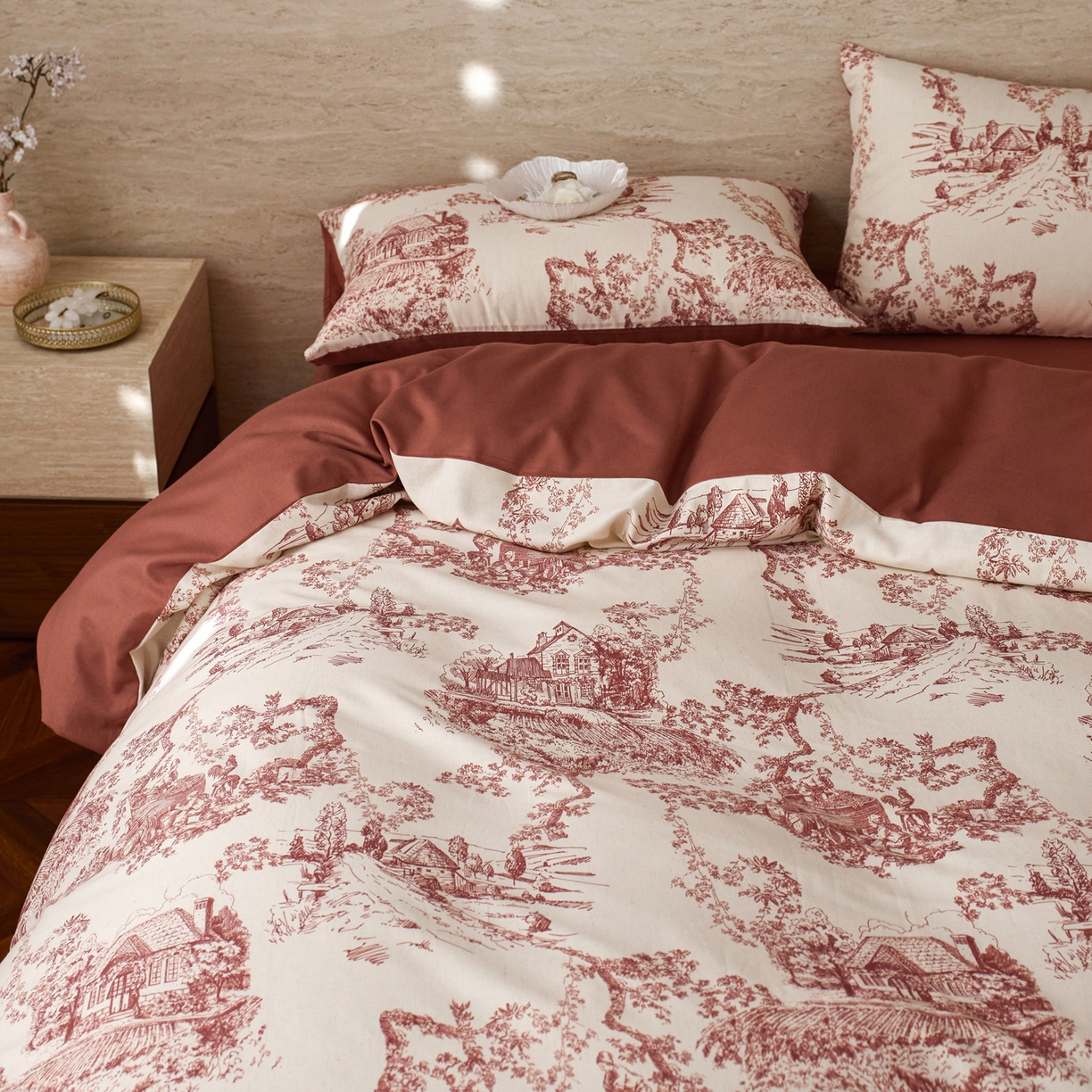 91家纺网 家纺一手货源 找家纺 如一 2026新款A类复古全棉棉麻印花四件套 庄园