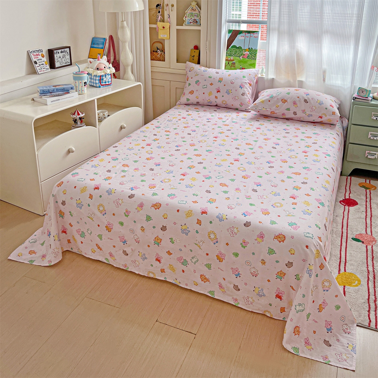 91家纺网 家纺一手货源 找家纺 名兮家居 2026新款全棉纯棉A类双层纱单床单 床单单件 双层纱-猪猪乐园