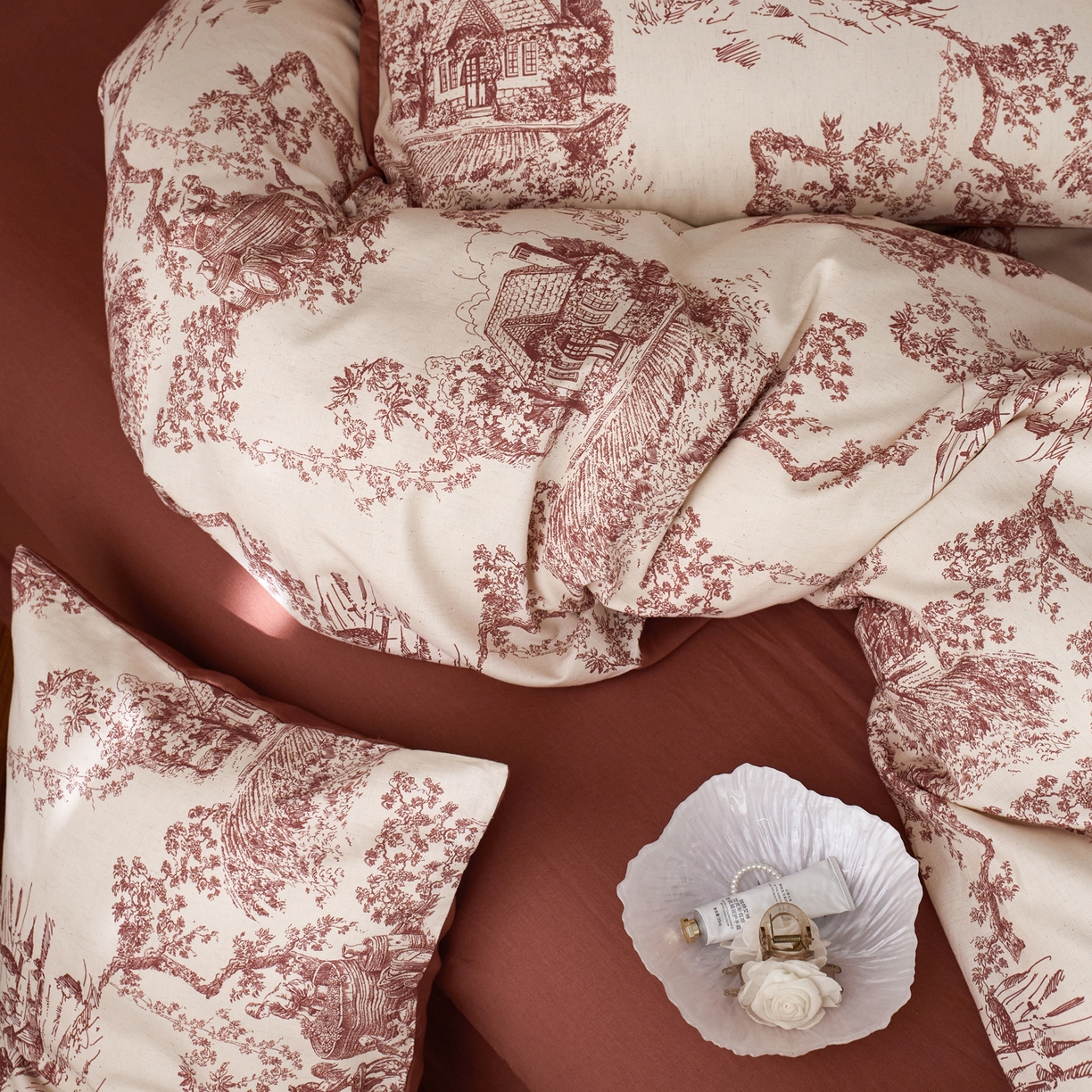 91家纺网 家纺一手货源 找家纺 如一 2026新款A类复古全棉棉麻印花四件套 庄园