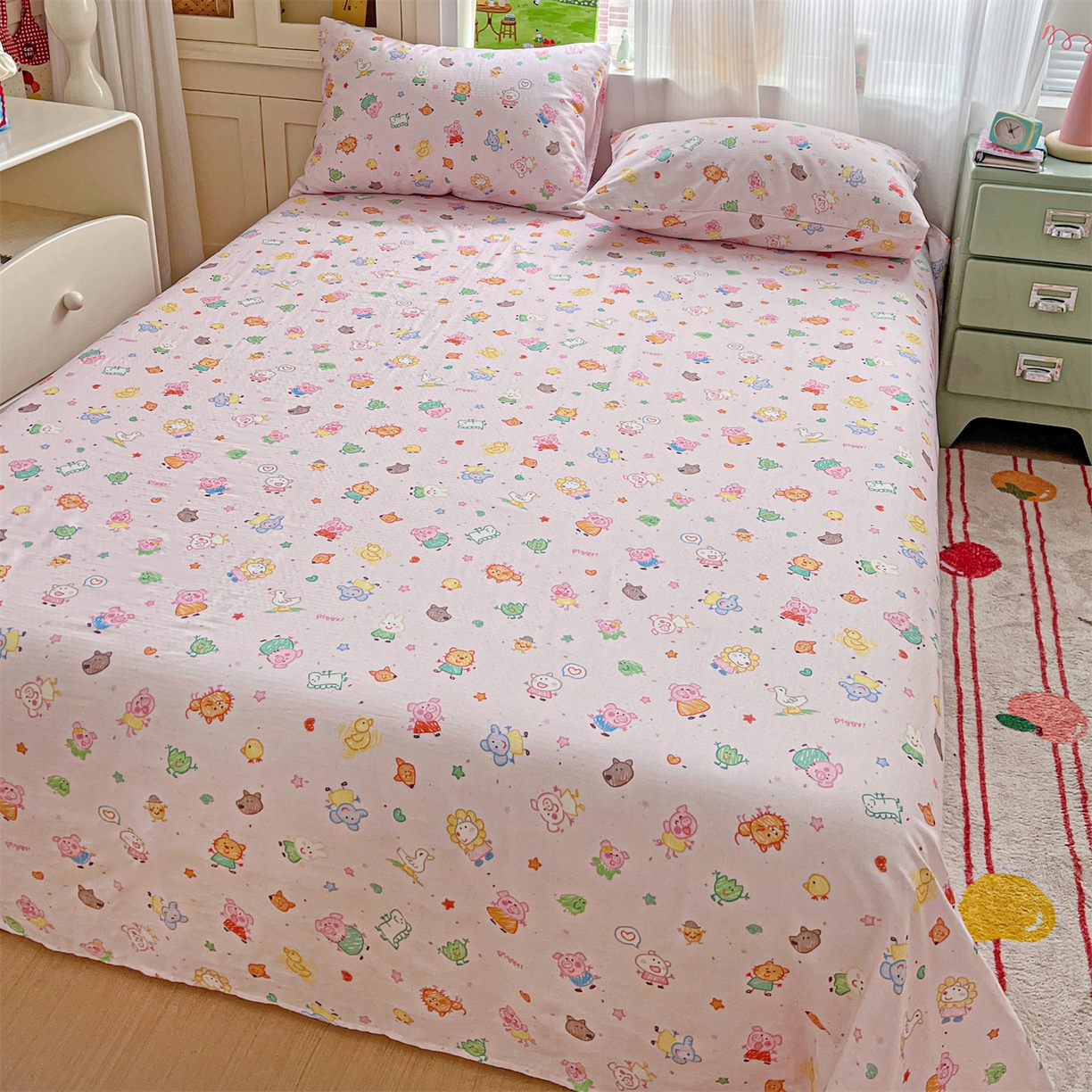 91家纺网 家纺一手货源 找家纺 名兮家居 2026新款全棉纯棉A类双层纱单床单 床单单件 双层纱-猪猪乐园