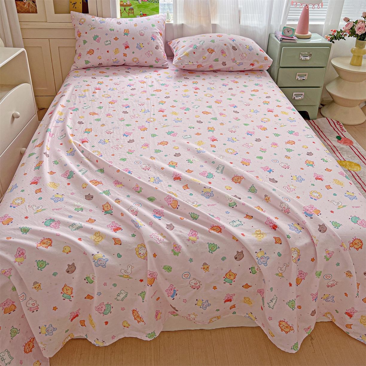 91家纺网 家纺一手货源 找家纺 名兮家居 2026新款全棉纯棉A类双层纱单床单 床单单件 双层纱-猪猪乐园