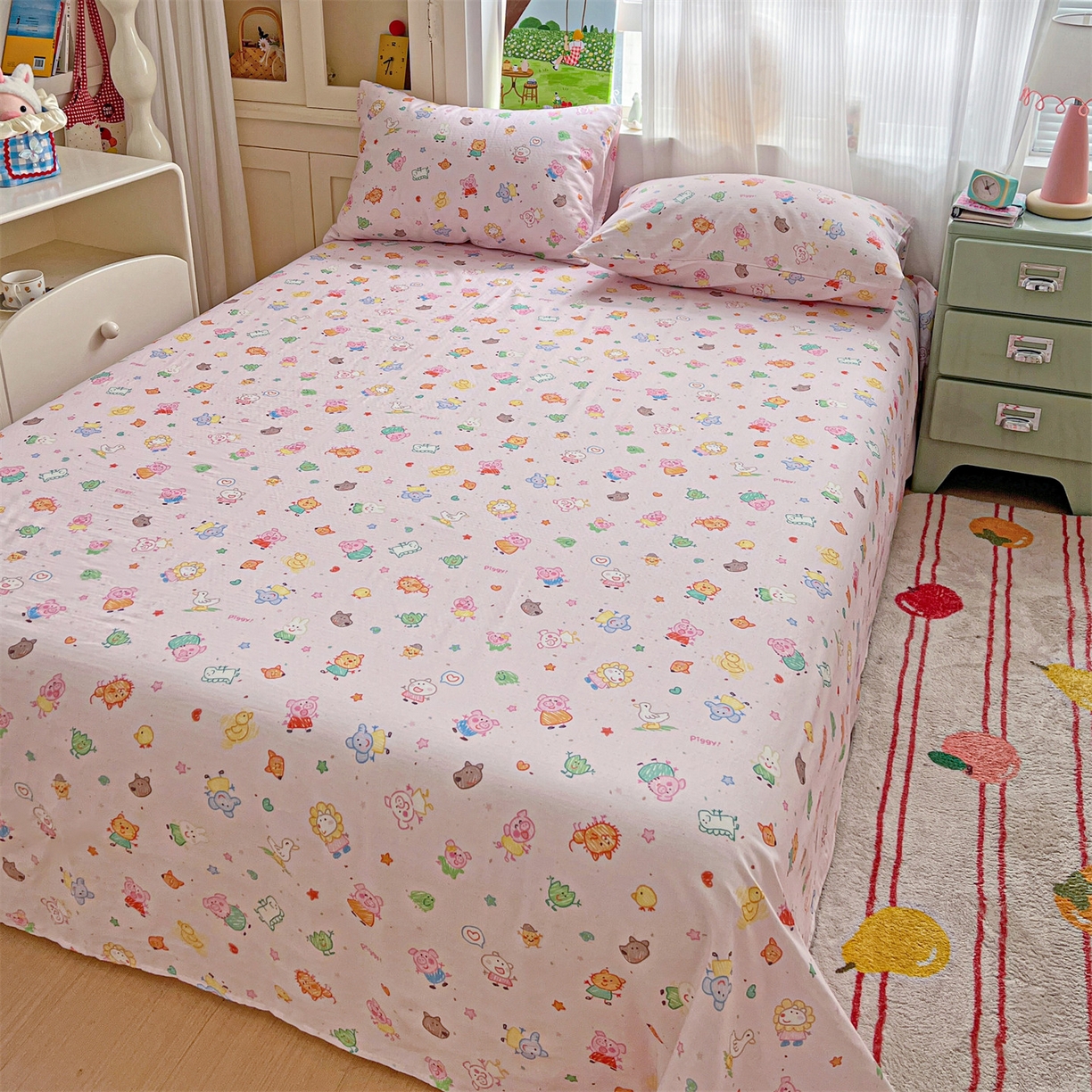 91家纺网 家纺一手货源 找家纺 名兮家居 2026新款全棉纯棉A类双层纱单床单 床单单件 双层纱-猪猪乐园