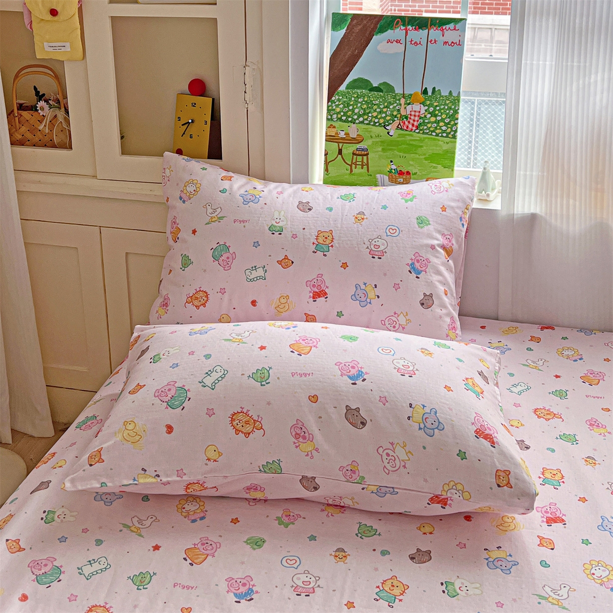 91家纺网 家纺一手货源 找家纺 名兮家居 2026新款全棉纯棉A类双层纱单床单 床单单件 双层纱-猪猪乐园