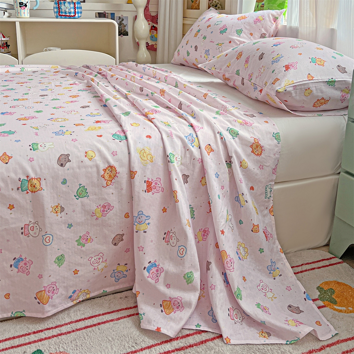 91家纺网 家纺一手货源 找家纺 名兮家居 2026新款全棉纯棉A类双层纱单床单 床单单件 双层纱-猪猪乐园