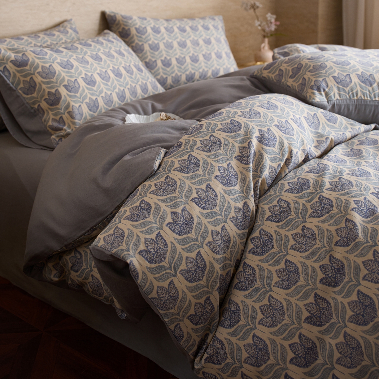 91家纺网 家纺一手货源 找家纺 如一 2026新款A类复古全棉棉麻印花四件套 青花