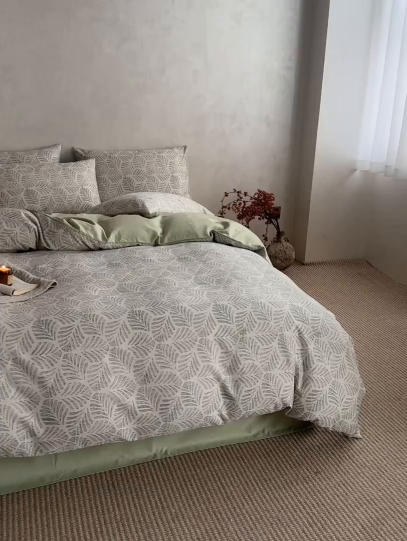 91家纺网 家纺一手货源 找家纺 如一 2026新款A类复古全棉棉麻印花四件套 叶绿