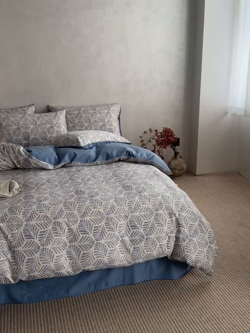 91家纺网 家纺一手货源 找家纺 如一 2026新款A类复古全棉棉麻印花四件套 叶蓝