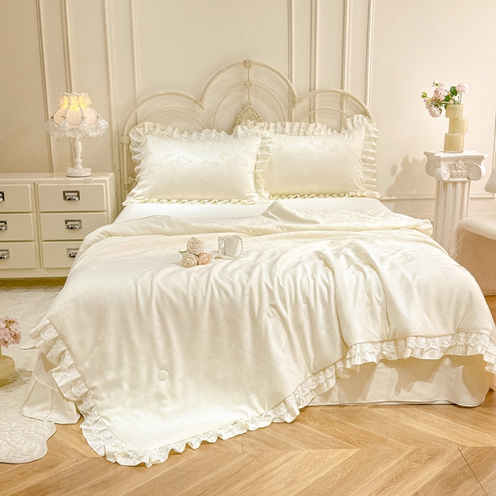 91家纺网 家纺一手货源 找家纺 优贝家纺 2026春夏新款提花水洗天丝冰丝天丝韩版夏被夏凉被空调被四件套 蝶舞-白