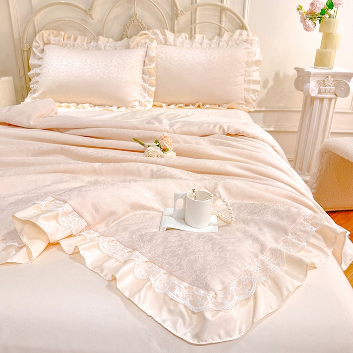 91家纺网 家纺一手货源 找家纺 优贝家纺 2026春夏新款提花水洗天丝冰丝天丝韩版夏被夏凉被空调被四件套 梵希-米白