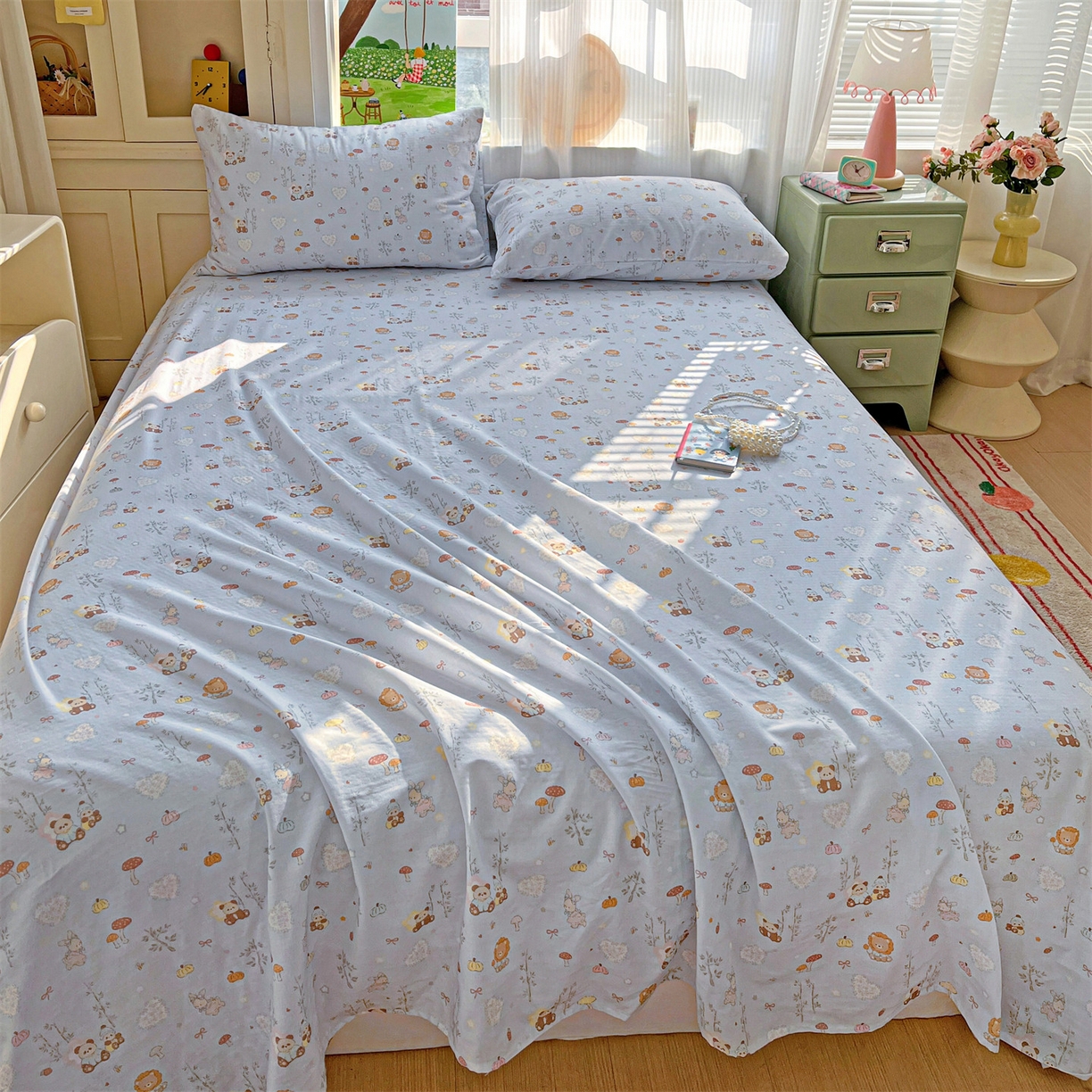 91家纺网 家纺一手货源 找家纺 名兮家居 2026新款全棉纯棉A类双层纱单床单 床单单件 双层纱-竹林派对