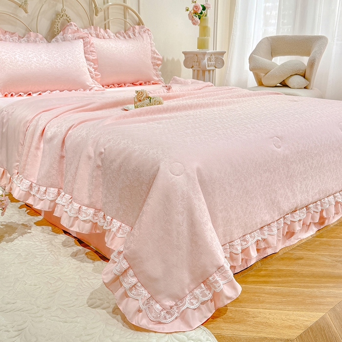 91家纺网 家纺一手货源 找家纺 优贝家纺 2026春夏新款提花水洗天丝冰丝天丝韩版夏被夏凉被空调被四件套 梵希-粉