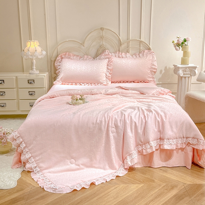 91家纺网 家纺一手货源 找家纺 优贝家纺 2026春夏新款提花水洗天丝冰丝天丝韩版夏被夏凉被空调被四件套 梵希-粉