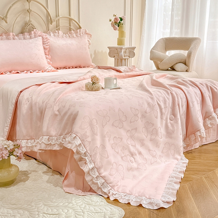 91家纺网 家纺一手货源 找家纺 优贝家纺 2026春夏新款提花水洗天丝冰丝天丝韩版夏被夏凉被空调被四件套 蝶舞-粉