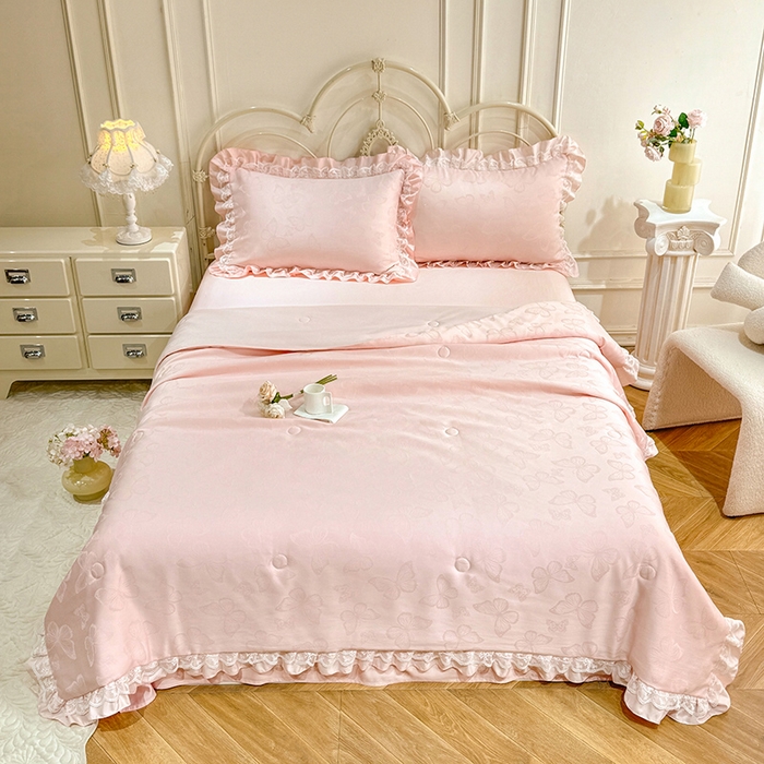 91家纺网 家纺一手货源 找家纺 优贝家纺 2026春夏新款提花水洗天丝冰丝天丝韩版夏被夏凉被空调被四件套 蝶舞-粉