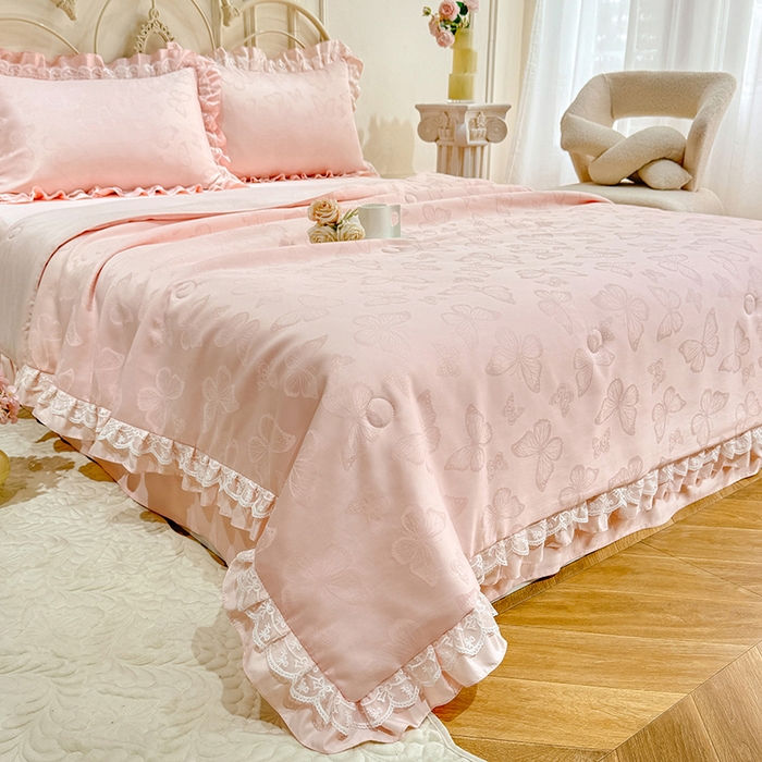 91家纺网 家纺一手货源 找家纺 优贝家纺 2026春夏新款提花水洗天丝冰丝天丝韩版夏被夏凉被空调被四件套 蝶舞-粉