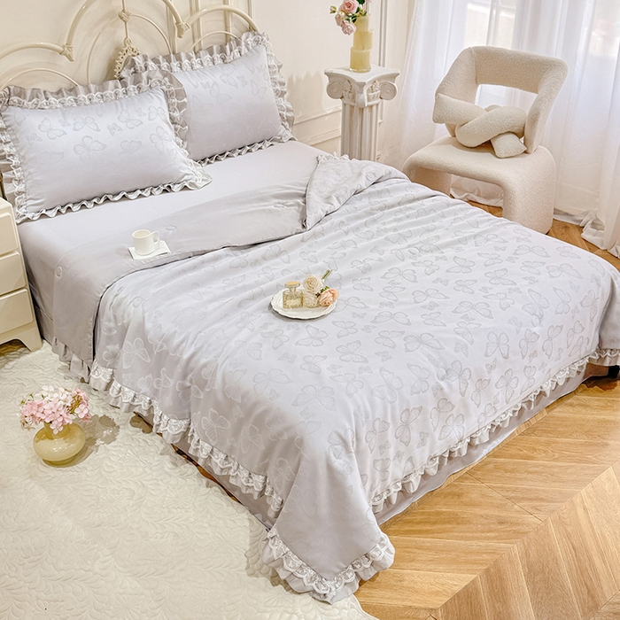 91家纺网 家纺一手货源 找家纺 优贝家纺 2026春夏新款提花水洗天丝冰丝天丝韩版夏被夏凉被空调被四件套 蝶舞-灰