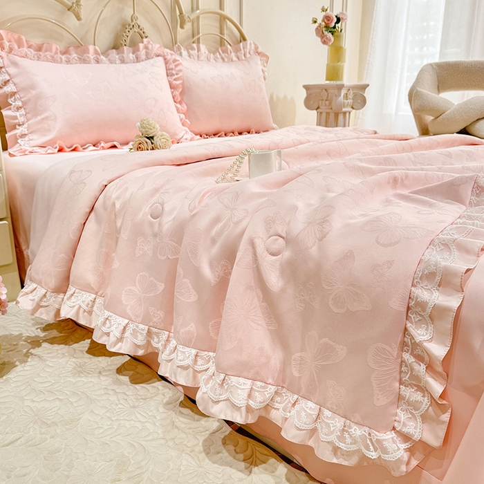 91家纺网 家纺一手货源 找家纺 优贝家纺 2026春夏新款提花水洗天丝冰丝天丝韩版夏被夏凉被空调被四件套 蝶舞-粉