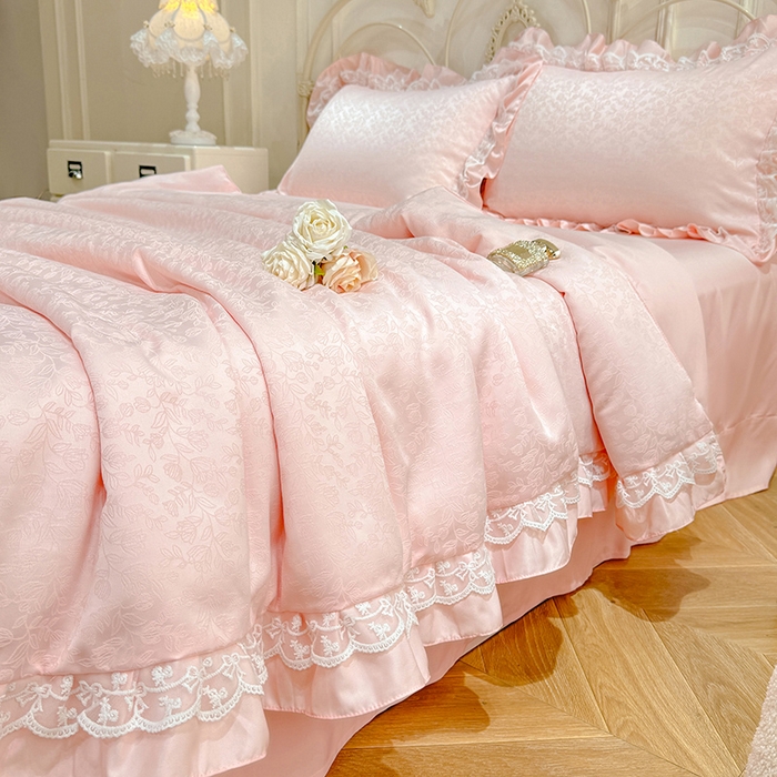 91家纺网 家纺一手货源 找家纺 优贝家纺 2026春夏新款提花水洗天丝冰丝天丝韩版夏被夏凉被空调被四件套 梵希-粉