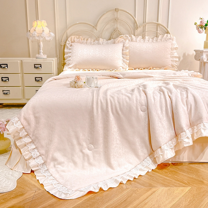 91家纺网 家纺一手货源 找家纺 优贝家纺 2026春夏新款提花水洗天丝冰丝天丝韩版夏被夏凉被空调被四件套 梵希-米白