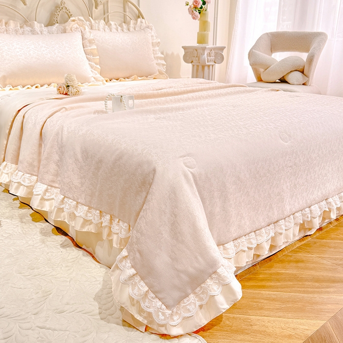 91家纺网 家纺一手货源 找家纺 优贝家纺 2026春夏新款提花水洗天丝冰丝天丝韩版夏被夏凉被空调被四件套 梵希-米白