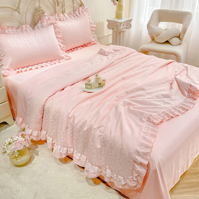 优贝家纺 2026春夏新款提花水洗天丝冰丝天丝韩版夏被夏凉被空调被四件套 梵希-粉