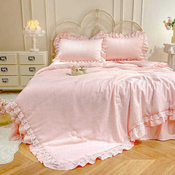 91家纺网 家纺一手货源 找家纺 优贝家纺 2026春夏新款提花水洗天丝冰丝天丝韩版夏被夏凉被空调被四件套 梵希-粉