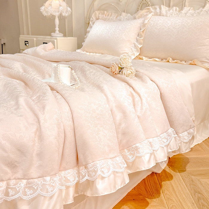 91家纺网 家纺一手货源 找家纺 优贝家纺 2026春夏新款提花水洗天丝冰丝天丝韩版夏被夏凉被空调被四件套 梵希-米白