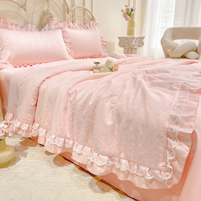 91家纺网 家纺一手货源 找家纺 优贝家纺 2026春夏新款提花水洗天丝冰丝天丝韩版夏被夏凉被空调被四件套 梵希-粉